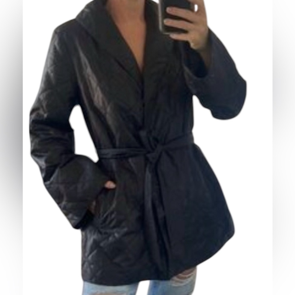 Eileen‎ Fisher Women Jacket Large Black Quilted Long Sleeve Collar Waist Tie